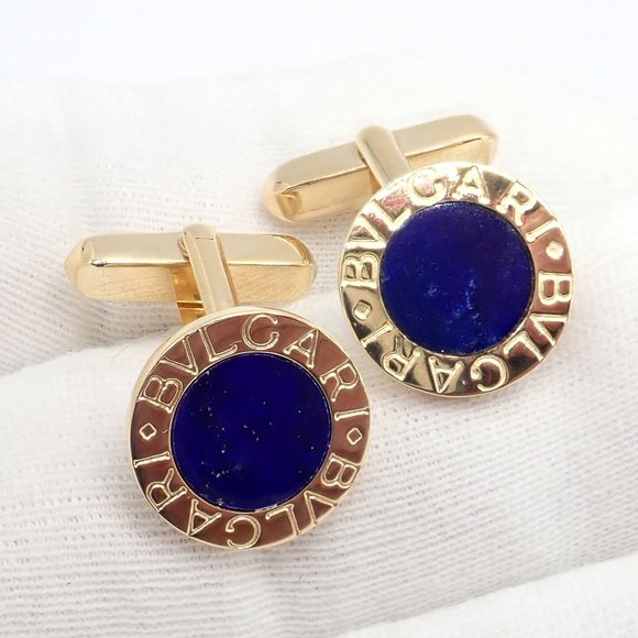 Authentic! Bvlgari Bulgari 18k Yellow Gold Lapis Lazuli Cufflinks - Picture 6 of 10